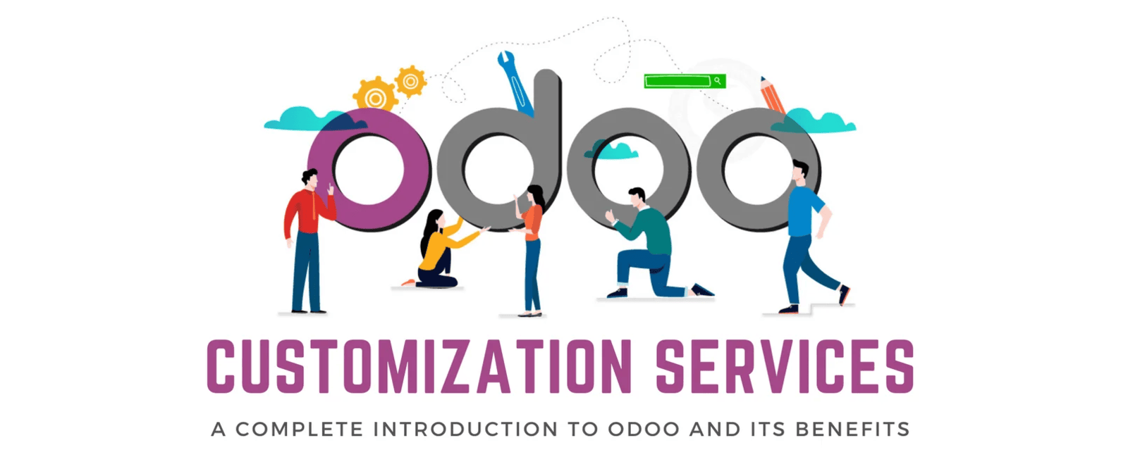 Odoo customization services illustration showing a team configuring and tailoring the Odoo ERP system to fit business needs