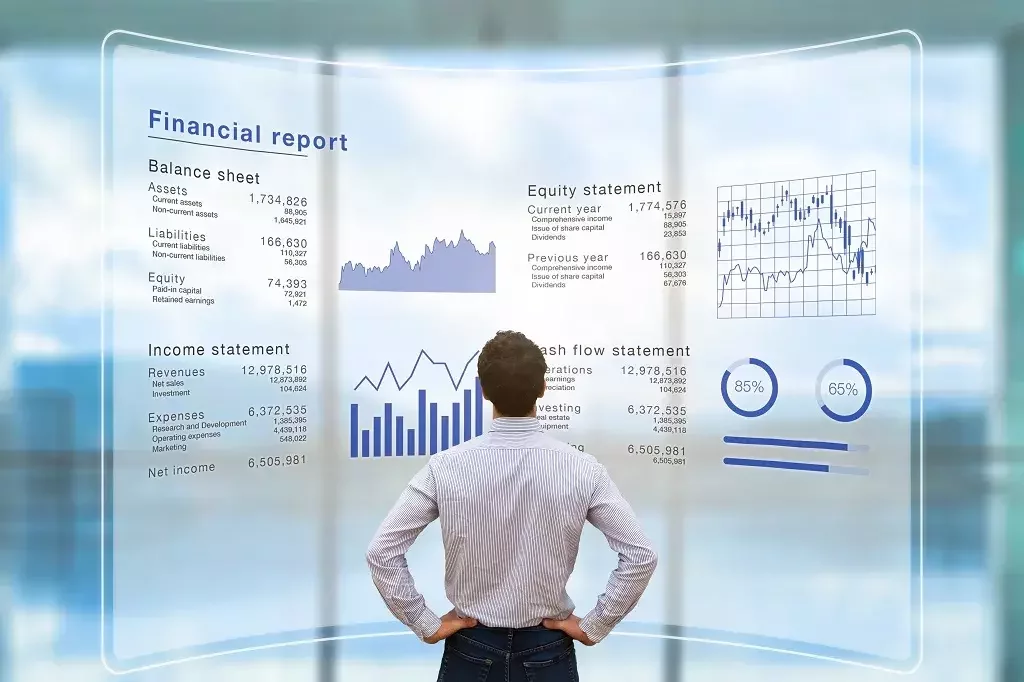 Business professional analyzing financial report dashboard showing balance sheet income statement and cash flow